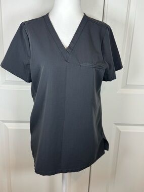 Mandala Gray Scrub Top Small Stretch V Neck Medical Nurse Doctor Uniform Pocket